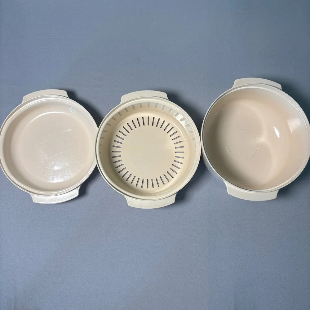 Tupperware Vintage Microwave Steamer 3 Piece Set 3Qt 3L Almond Beige 12oz 340g